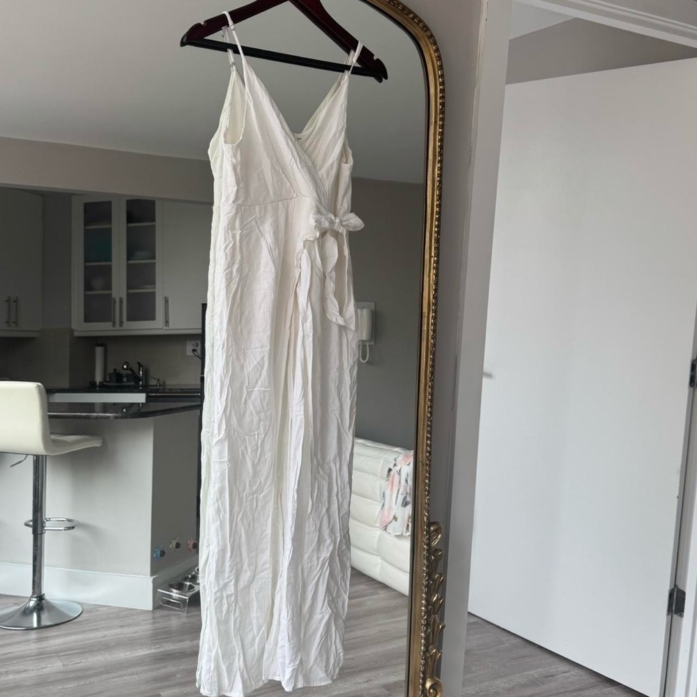 White wrap jumpsuit with tie waist detail